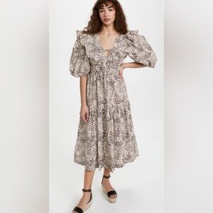 SEA New York Size 10 Calla Cheetah Brown Puff Sleeve A-Line Plunge‎ Midi Dress